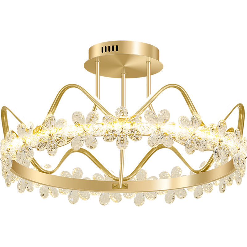 Gold Circular LED Ceiling Fixture Minimalist Flower Crystal Semi Flush Mount Light for Bedroom