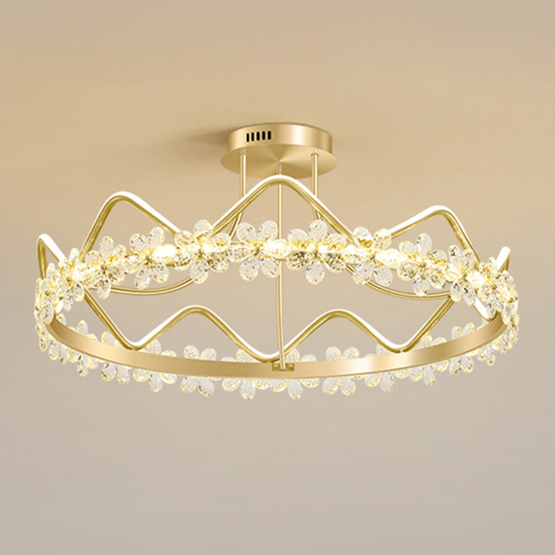 Gold Circular LED Ceiling Fixture Minimalist Flower Crystal Semi Flush Mount Light for Bedroom