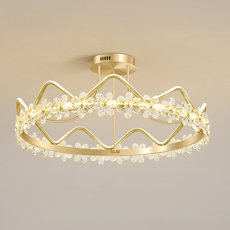 Gold Circular LED Ceiling Fixture Minimalist Flower Crystal Semi Flush Mount Light for Bedroom