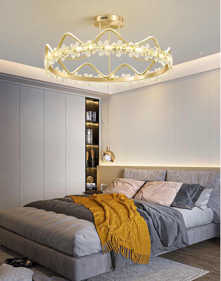 Gold Circular LED Ceiling Fixture Minimalist Flower Crystal Semi Flush Mount Light for Bedroom