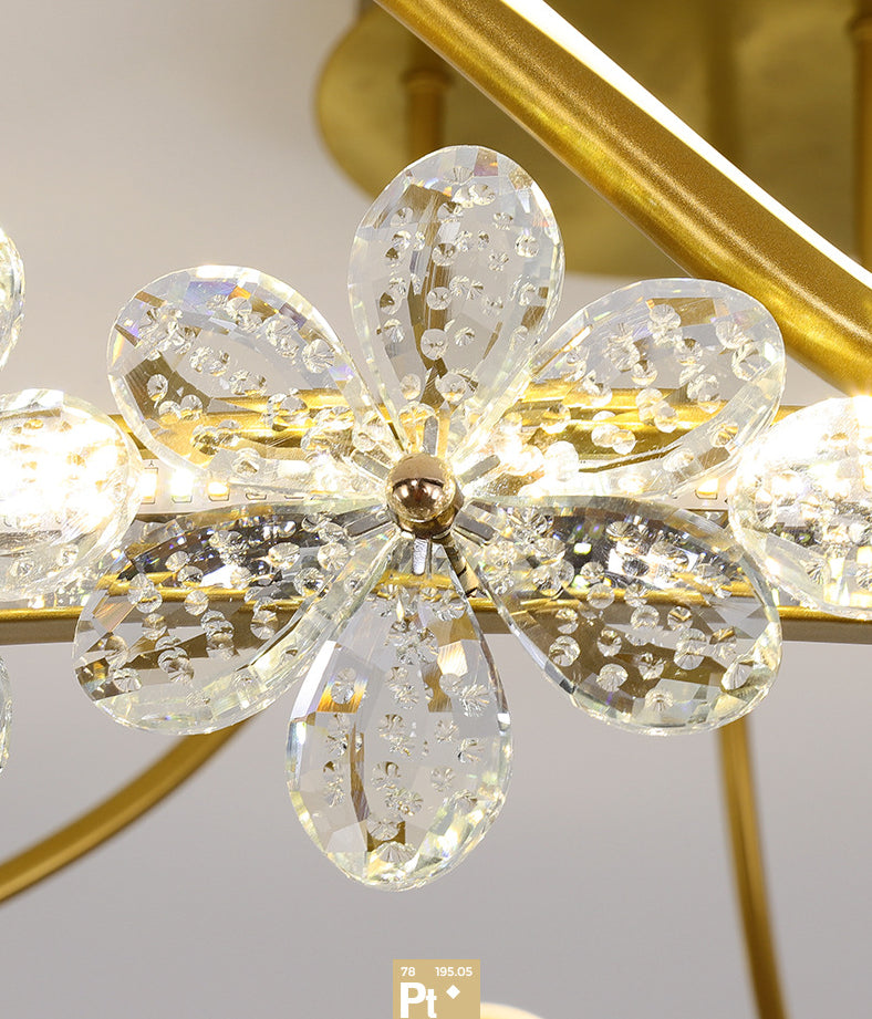 Gold Circular LED Ceiling Fixture Minimalist Flower Crystal Semi Flush Mount Light for Bedroom