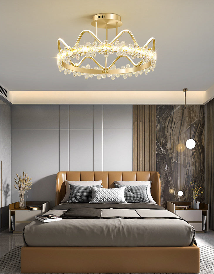 Gold Circular LED Ceiling Fixture Minimalist Flower Crystal Semi Flush Mount Light for Bedroom