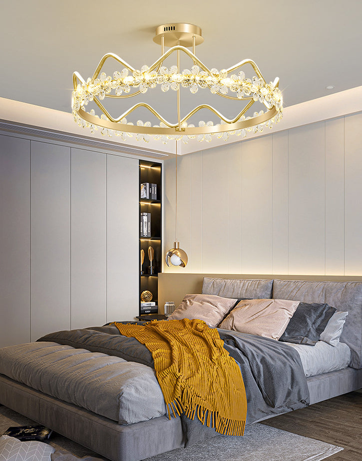 Gold Circular LED Ceiling Fixture Minimalist Flower Crystal Semi Flush Mount Light for Bedroom