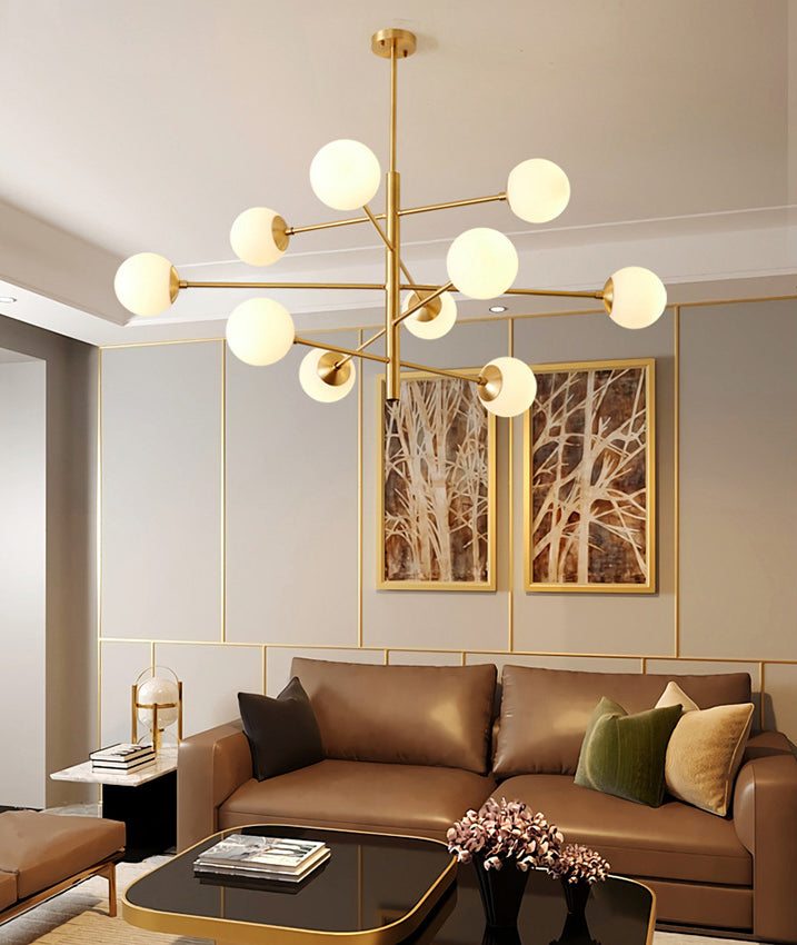 Lustre suspendu post-moderne Light Satin Opal Verre Plafond Chandelier en or pour le salon