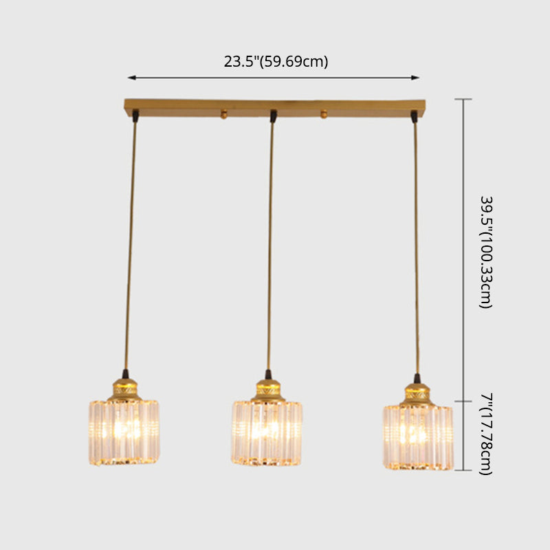 3 lumières Cylindre Multi-suspension luminaire industriel en verre côtelé Light avec cordon suspendu pour restaurant