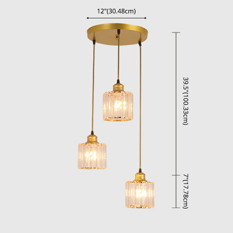 3 lumières Cylindre Multi-suspension luminaire industriel en verre côtelé Light avec cordon suspendu pour restaurant