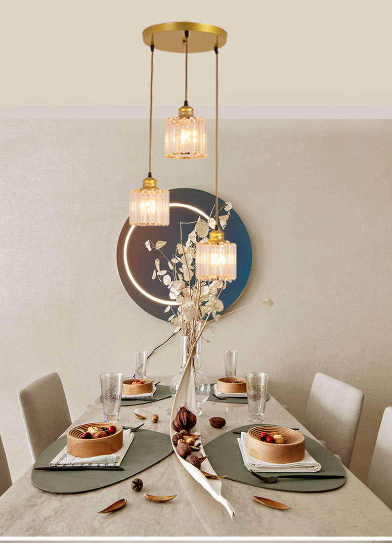 3 lumières Cylindre Multi-suspension luminaire industriel en verre côtelé Light avec cordon suspendu pour restaurant