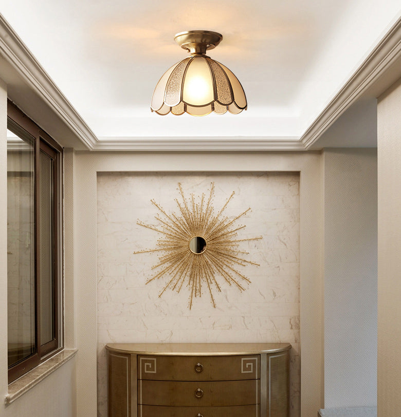 Glass Dome Semi Flush Ceiling Light Traditional Aisle Semi-Flush Ceiling Fixture in Brass