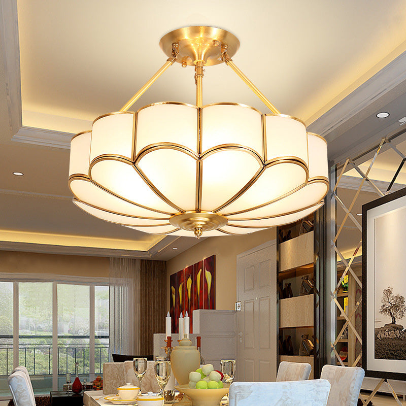 Brass Semi-Flush Mount Ceiling Light Traditional Glass Petal Semi Flush Mount Light Fixture