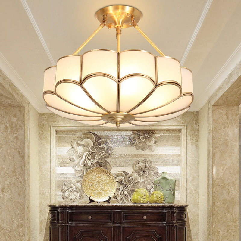 Brass Semi-Flush Mount Ceiling Light Traditional Glass Petal Semi Flush Mount Light Fixture