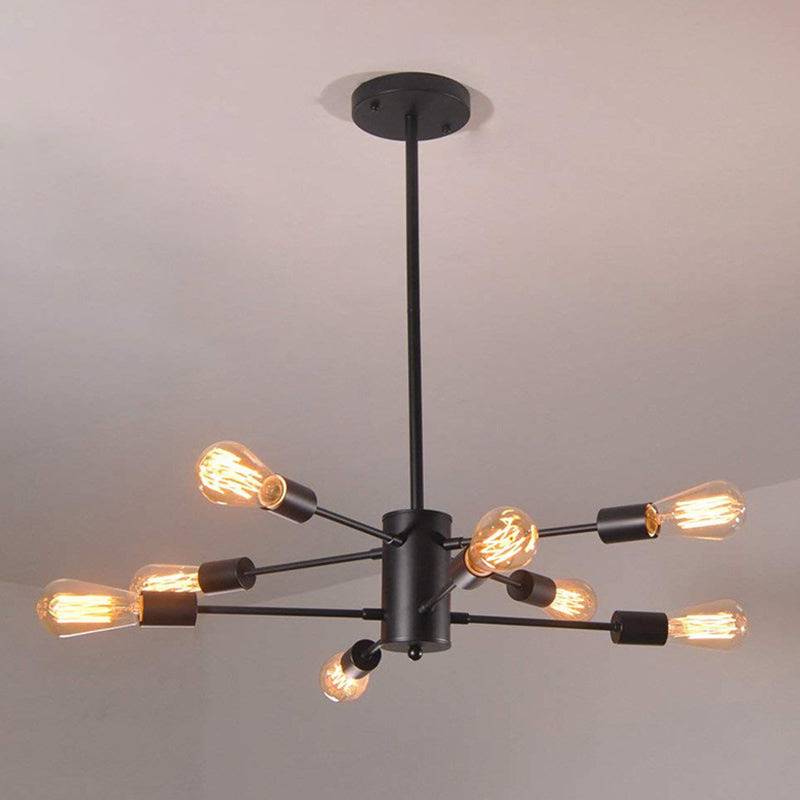 8 Lights Industrial Style Bare Bulbs Chandelier Black Straight Bar Iron Hanging Light with 39.3" Adjustable Lamp Rods