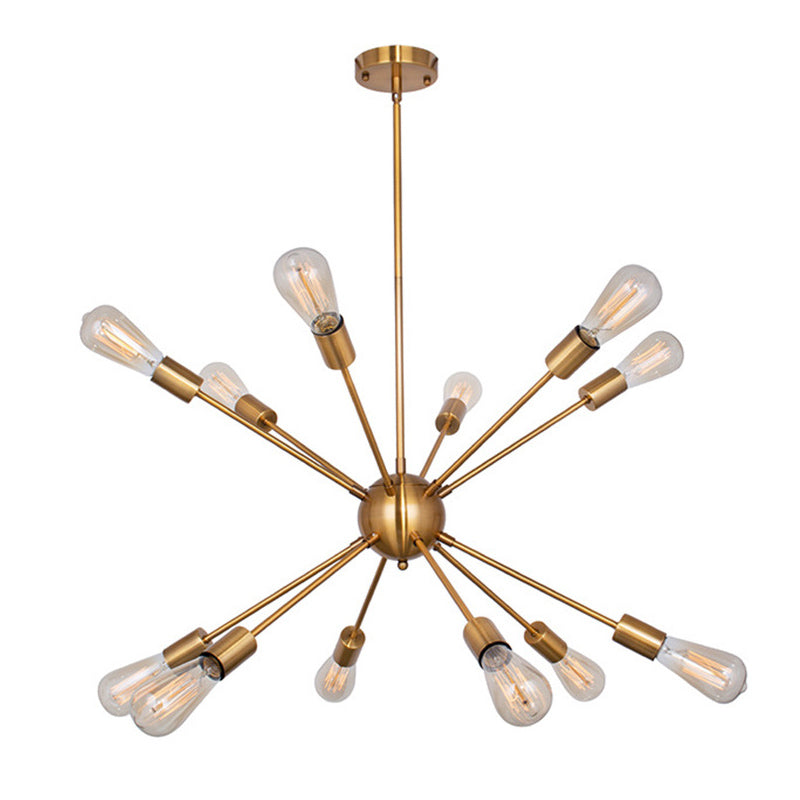 Golden Metal Burst Shaped Chandelier Light Open Bulb Industrial Style Coffee Shop Pendant with 4 x 9.8" Hanging Rods