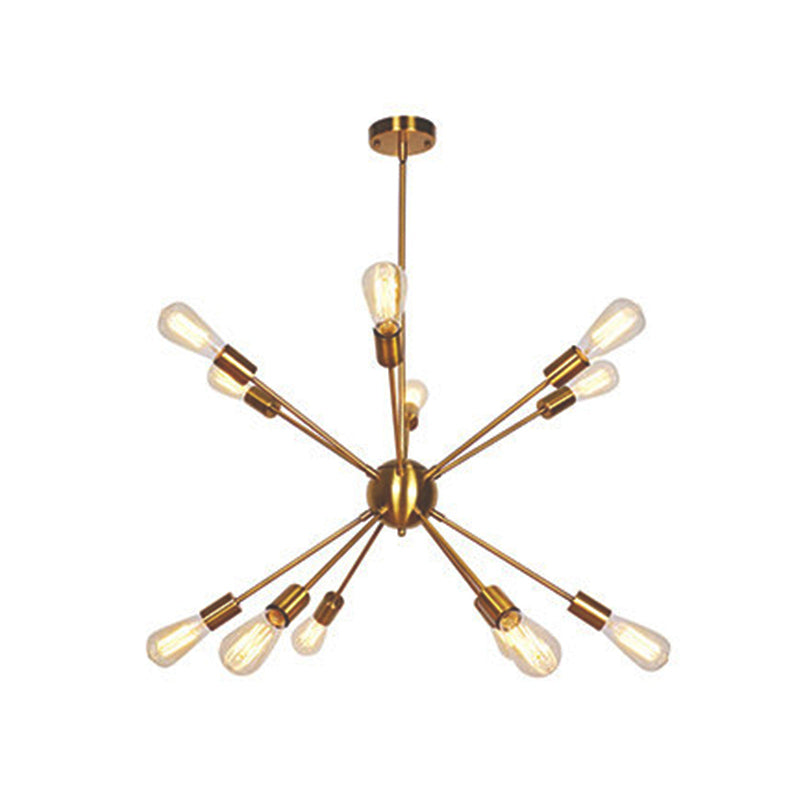 Golden Metal Burst Shaped Chandelier Light Open Bulb Industrial Style Coffee Shop Pendant with 4 x 9.8" Hanging Rods