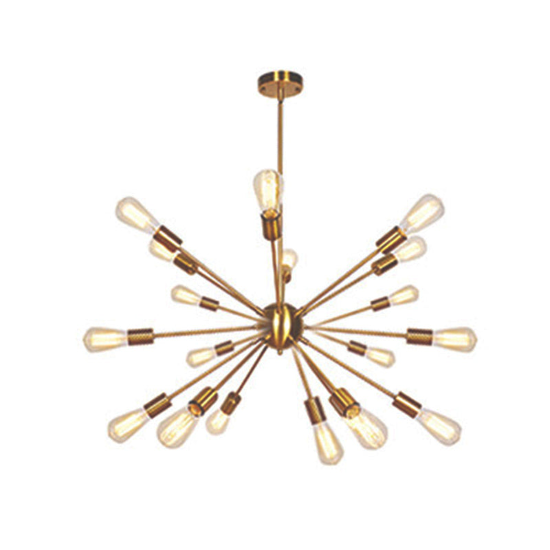 Golden Metal Burst Shaped Chandelier Light Open Bulb Industrial Style Coffee Shop Pendant with 4 x 9.8" Hanging Rods