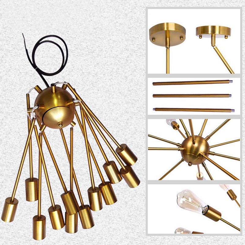 Golden Metal Burst Shaped Chandelier Light Open Bulb Industrial Style Coffee Shop Pendant with 4 x 9.8" Hanging Rods