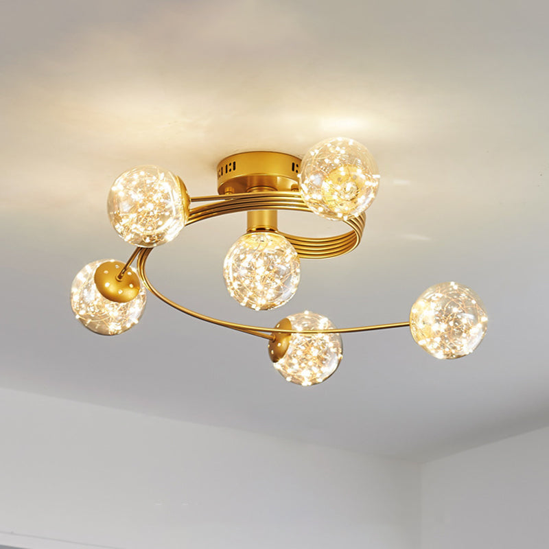 Amber Glass Ball Semi Mount Lighting Nordic Brass Finish Starry Ceiling Flush Light for Bedroom