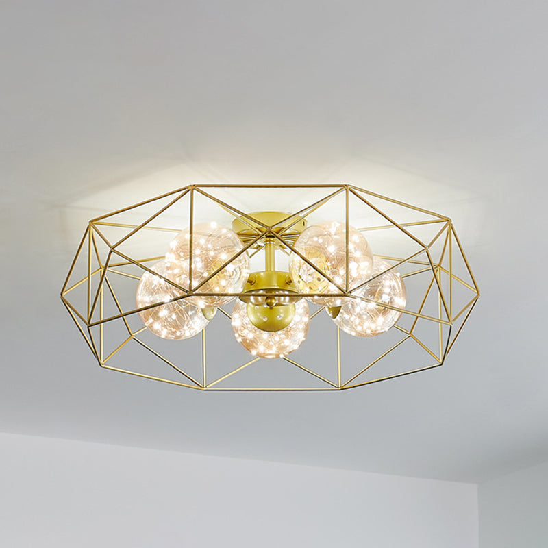 Amber Glass Ball Semi Mount Lighting Nordic Brass Finish Starry Ceiling Flush Light for Bedroom