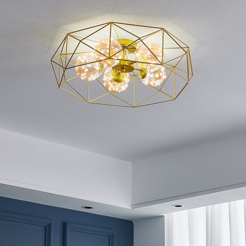 Amber Glass Ball Semi Mount Lighting Nordic Brass Finish Starry Ceiling Flush Light for Bedroom