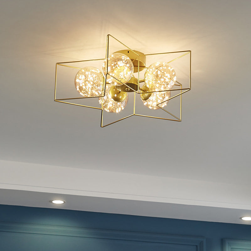 Amber Glass Ball Semi Mount Lighting Nordic Brass Finish Starry Ceiling Flush Light for Bedroom