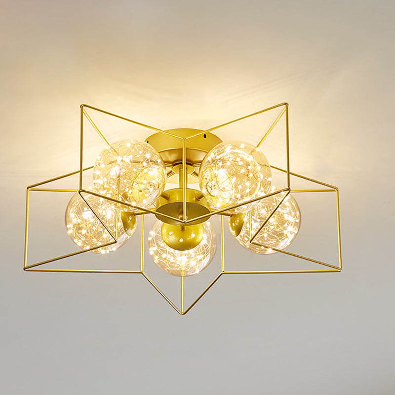 Amber Glass Ball Semi Mount Lighting Nordic Brass Finish Starry Ceiling Flush Light for Bedroom