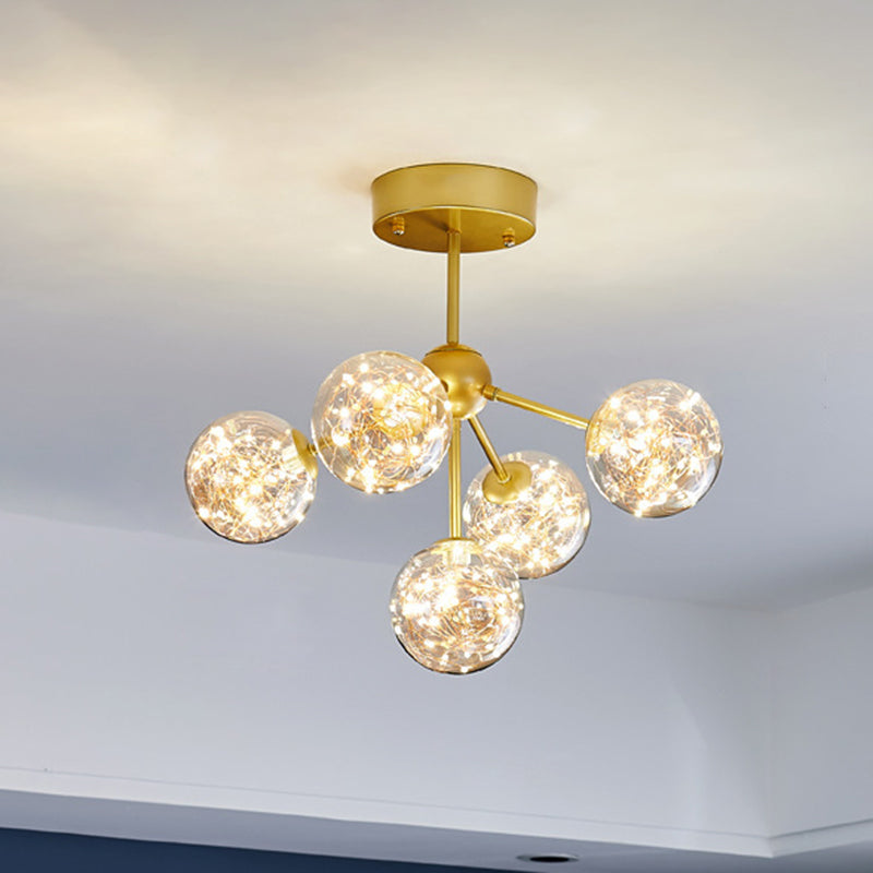 Amber Glass Ball Semi Mount Lighting Nordic Brass Finish Starry Ceiling Flush Light for Bedroom