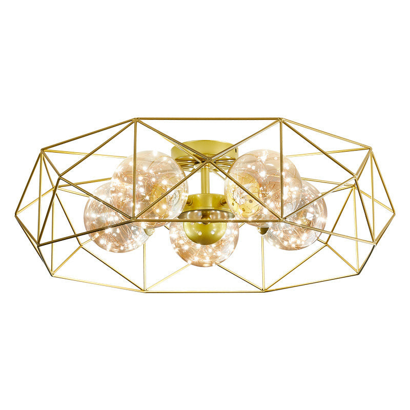 Amber Glass Ball Semi Mount Lighting Nordic Brass Finish Starry Ceiling Flush Light for Bedroom