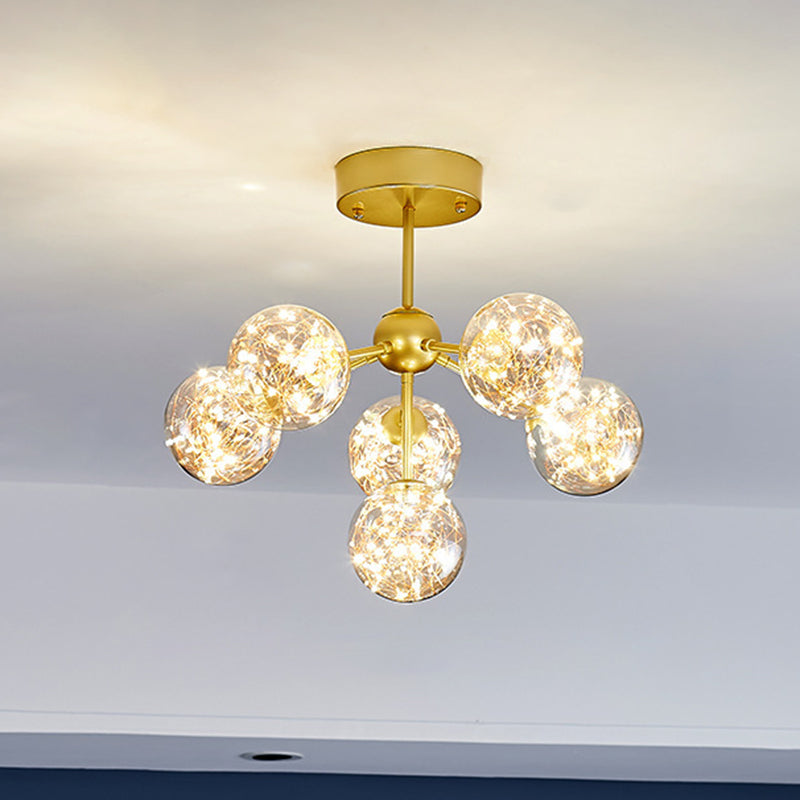 Amber Glass Ball Semi Mount Lighting Noordse koperen afwerking Starry plafond spoeling licht voor slaapkamer