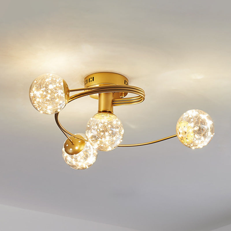 Amber Glass Ball Semi Mount Lighting Nordic Brass Finish Starry Ceiling Flush Light for Bedroom