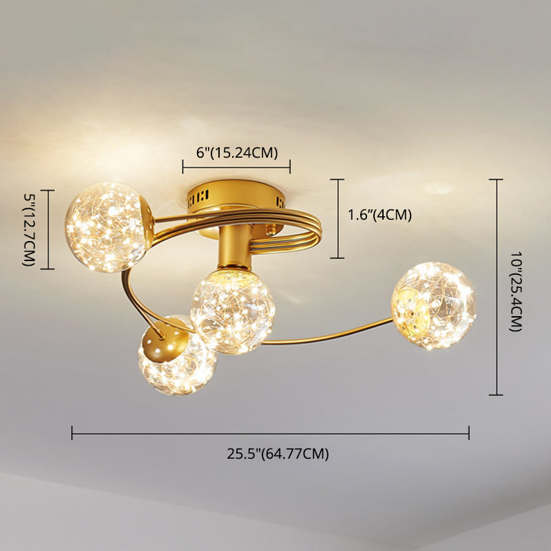 Amber Glass Ball Semi Mount Lighting Nordic Brass Finish Starry Ceiling Flush Light for Bedroom