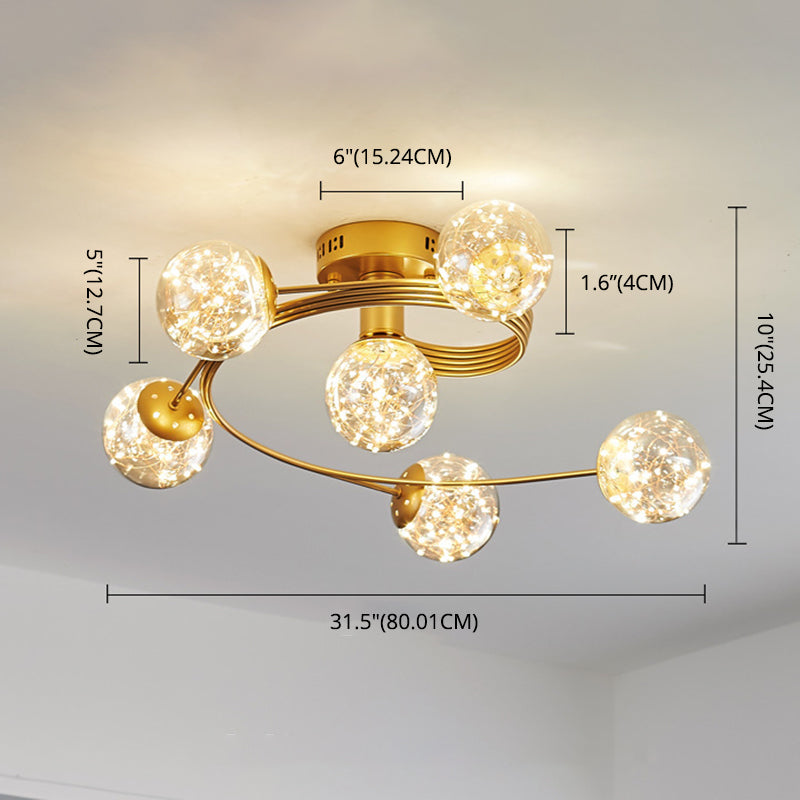 Amber Glass Ball Semi Mount Lighting Nordic Brass Finish Starry Ceiling Flush Light for Bedroom