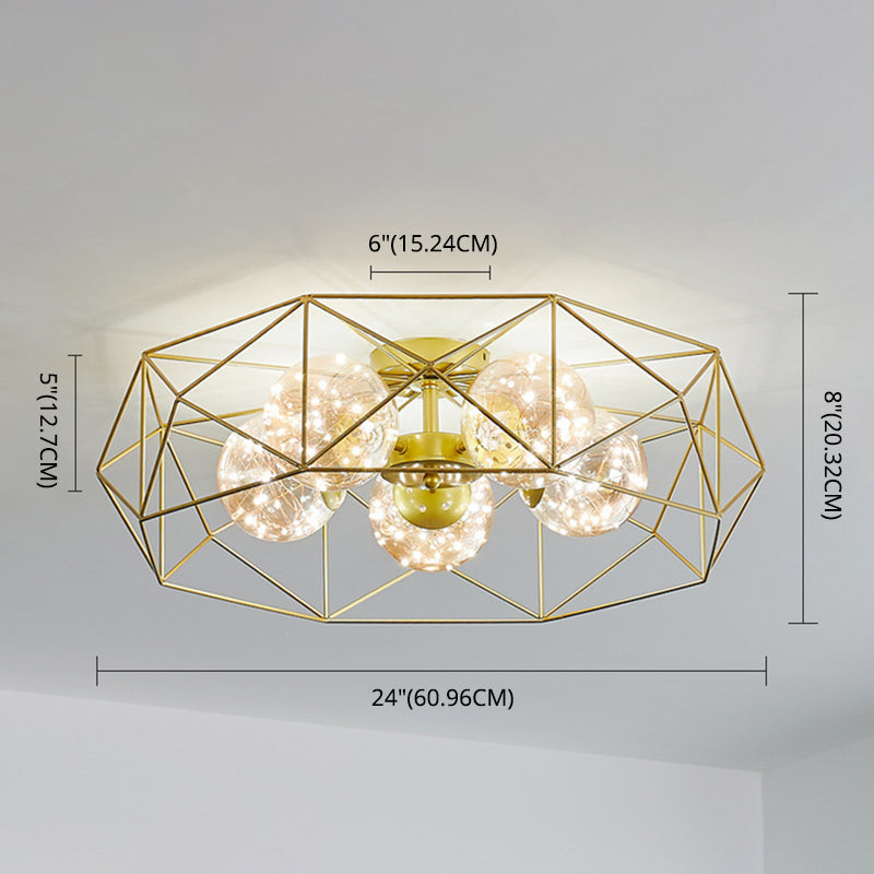 Amber Glass Ball Semi Mount Lighting Nordic Brass Finish Starry Ceiling Flush Light for Bedroom