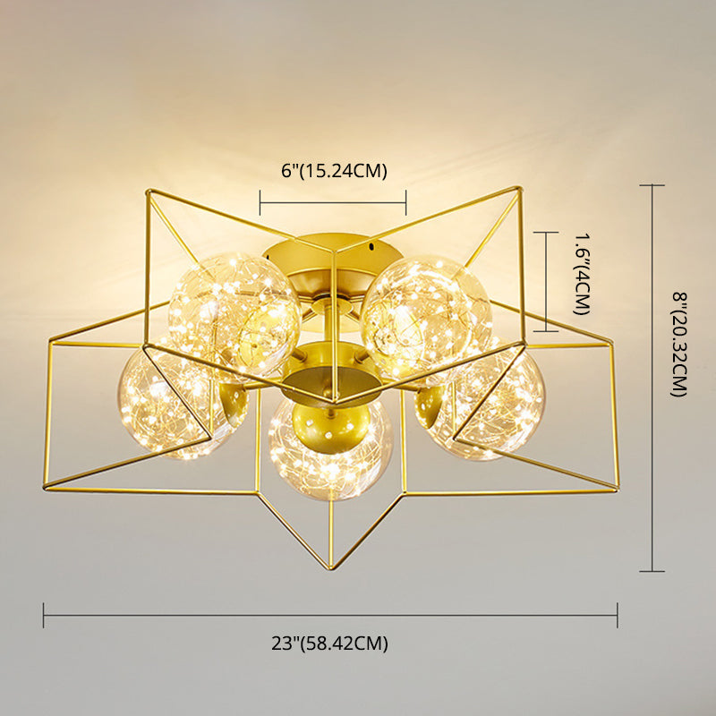 Amber Glass Ball Semi Mount Lighting Nordic Brass Finish Starry Ceiling Flush Light for Bedroom