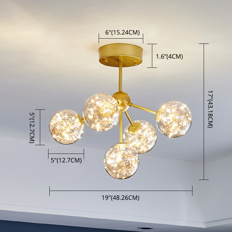 Amber Glass Ball Semi Mount Lighting Nordic Brass Finish Starry Ceiling Flush Light for Bedroom