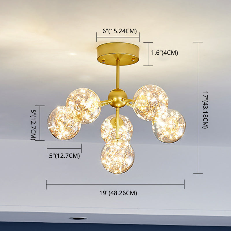 Amber Glass Ball Semi Mount Lighting Nordic Brass Finish Starry Ceiling Flush Light for Bedroom