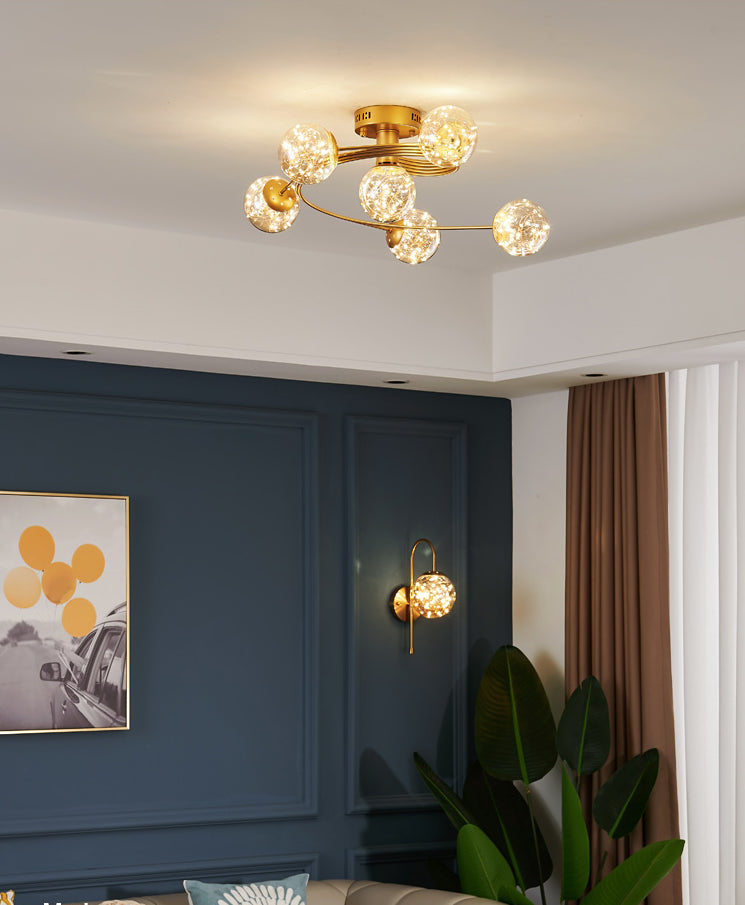 Amber Glass Ball Semi Mount Lighting Nordic Brass Finish Starry Ceiling Flush Light for Bedroom