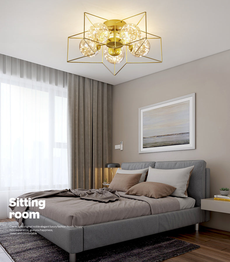 Amber Glass Ball Semi Mount Lighting Nordic Brass Finish Starry Ceiling Flush Light for Bedroom