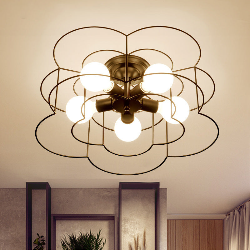 5 bollen bloemenspoelmontage licht vintage ijzer gekooid semi -spoelplafondlicht voor slaapkamer