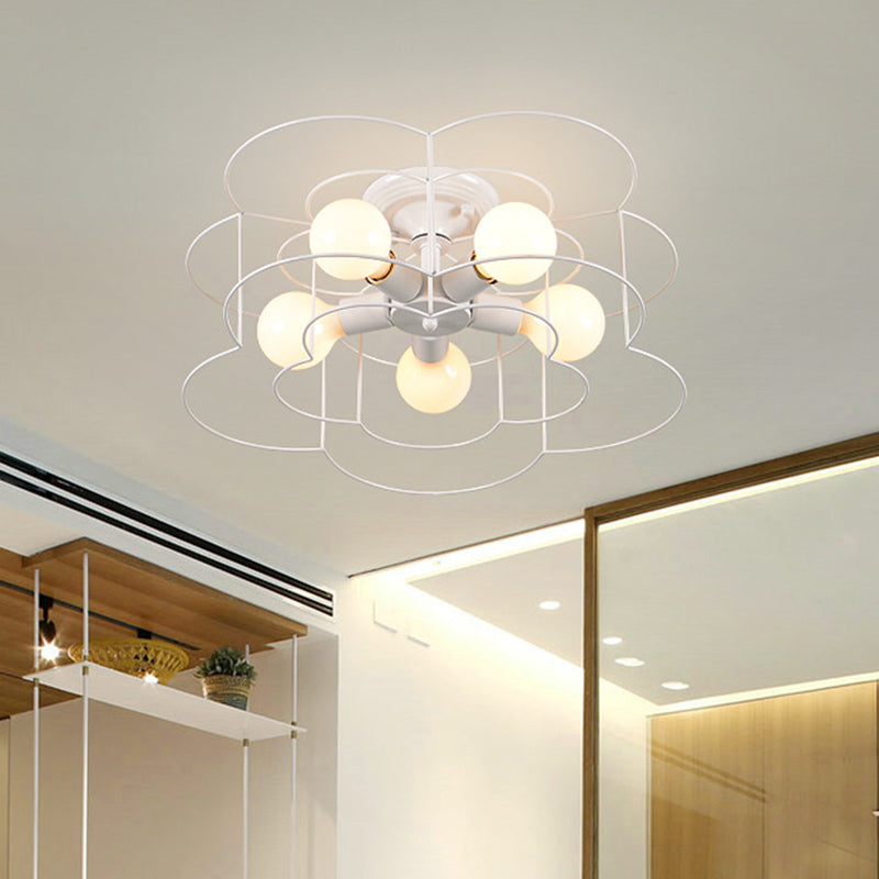 5 Bulbs Floral Flush Mount Light Vintage Iron Caged Semi Flush Ceiling Light for Bedroom