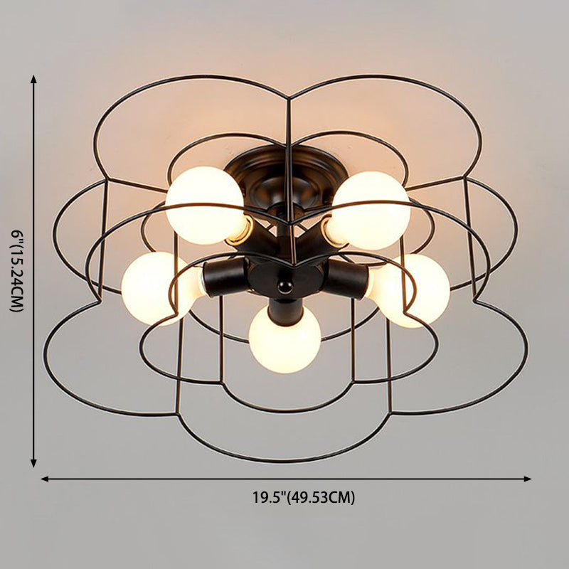 5 Bulbs Floral Flush Mount Light Vintage Iron Caged Semi Flush Ceiling Light for Bedroom