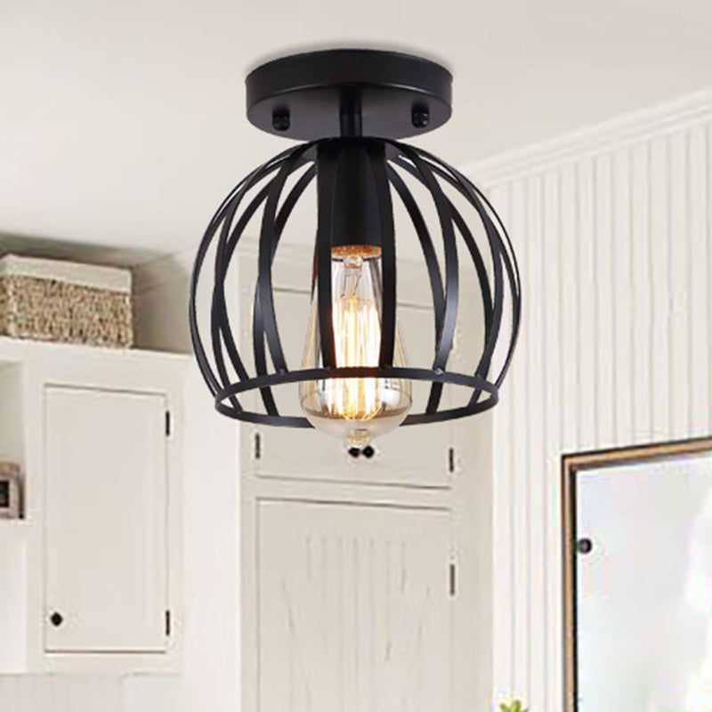 Dome Shaped Kitchen Flush Light Retro Metal 1 Head Black Cage Semi Flush Mount Light