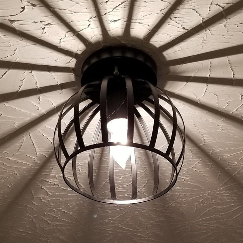 Dome Shaped Kitchen Flush Light Retro Metal 1 Head Black Cage Semi Flush Mount Light