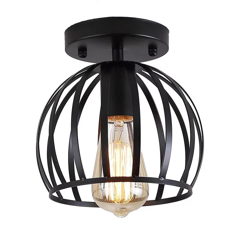 Dome Shaped Kitchen Flush Light Retro Metal 1 Head Black Cage Semi Flush Mount Light