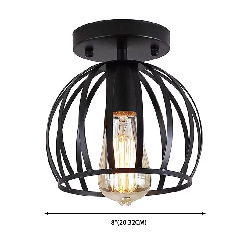 Dome Shaped Kitchen Flush Light Retro Metal 1 Head Black Cage Semi Flush Mount Light