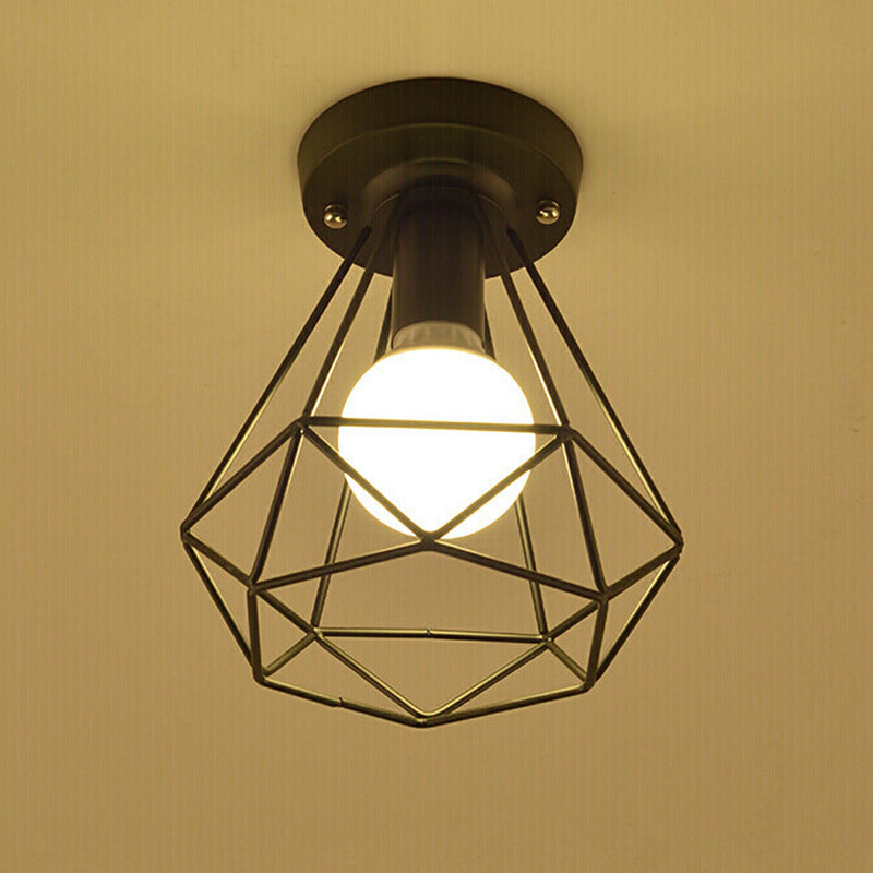 Diamond Shaped Cage Metal Ceiling Lamp Vintage 1-Light Small Hallway Semi Flush Mount Lighting