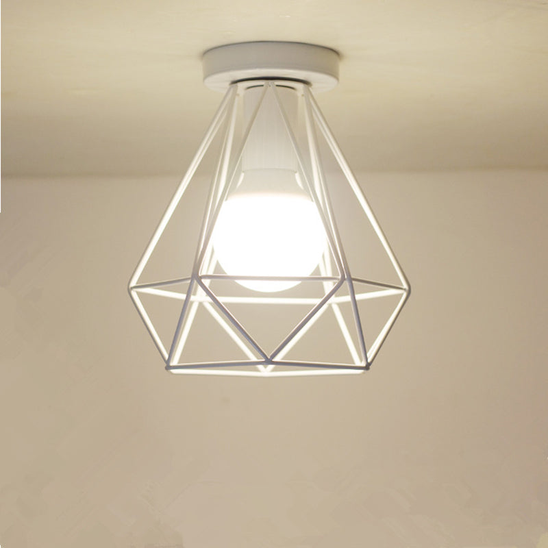 Diamond Shaped Cage Metal Ceiling Lamp Vintage 1-Light Small Hallway Semi Flush Mount Lighting