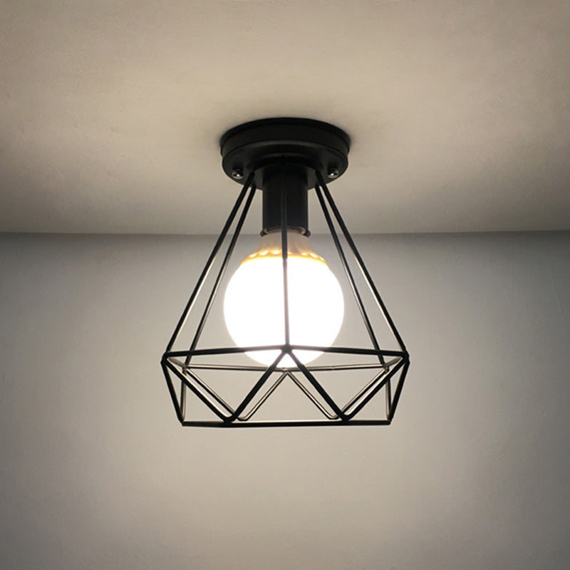 Diamond Shaped Cage Metal Ceiling Lamp Vintage 1-Light Small Hallway Semi Flush Mount Lighting