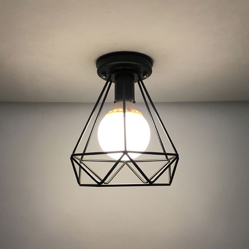 Diamond Shaped Cage Metal Ceiling Lamp Vintage 1-Light Small Hallway Semi Flush Mount Lighting