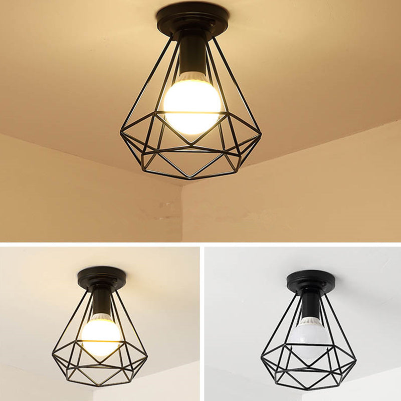 Diamond Shaped Cage Metal Ceiling Lamp Vintage 1-Light Small Hallway Semi Flush Mount Lighting