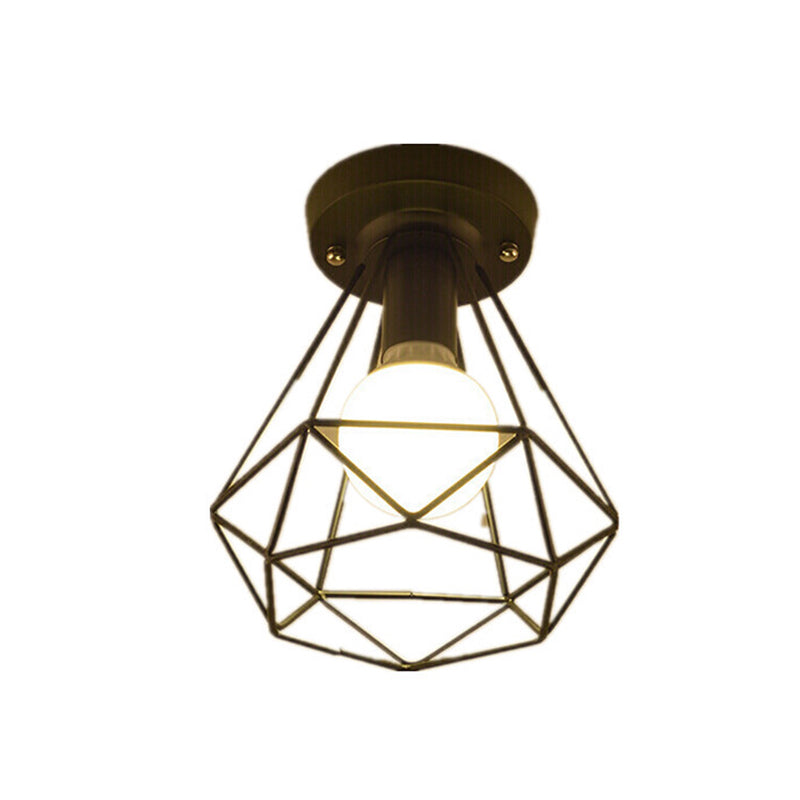 Diamond Shaped Cage Metal Ceiling Lamp Vintage 1-Light Small Hallway Semi Flush Mount Lighting