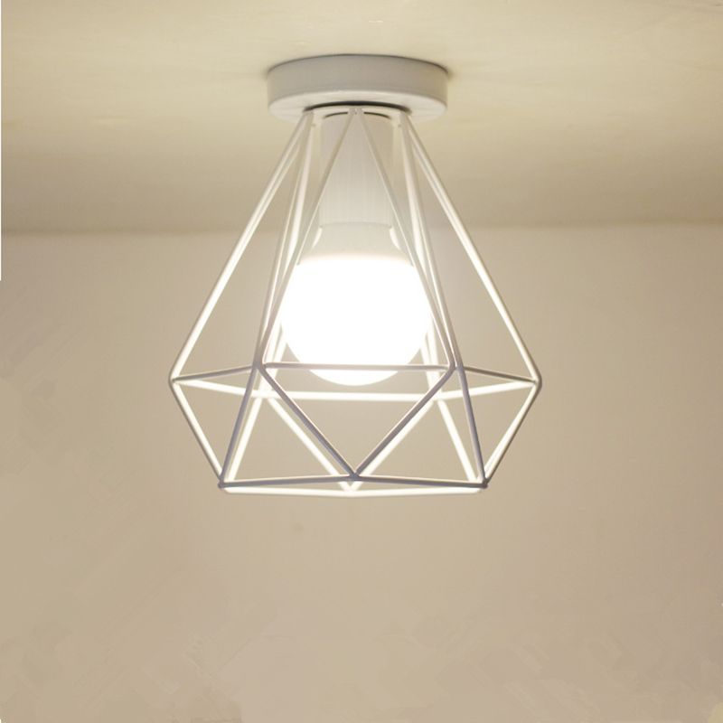 Diamond Shaped Cage Metal Ceiling Lamp Vintage 1-Light Small Hallway Semi Flush Mount Lighting